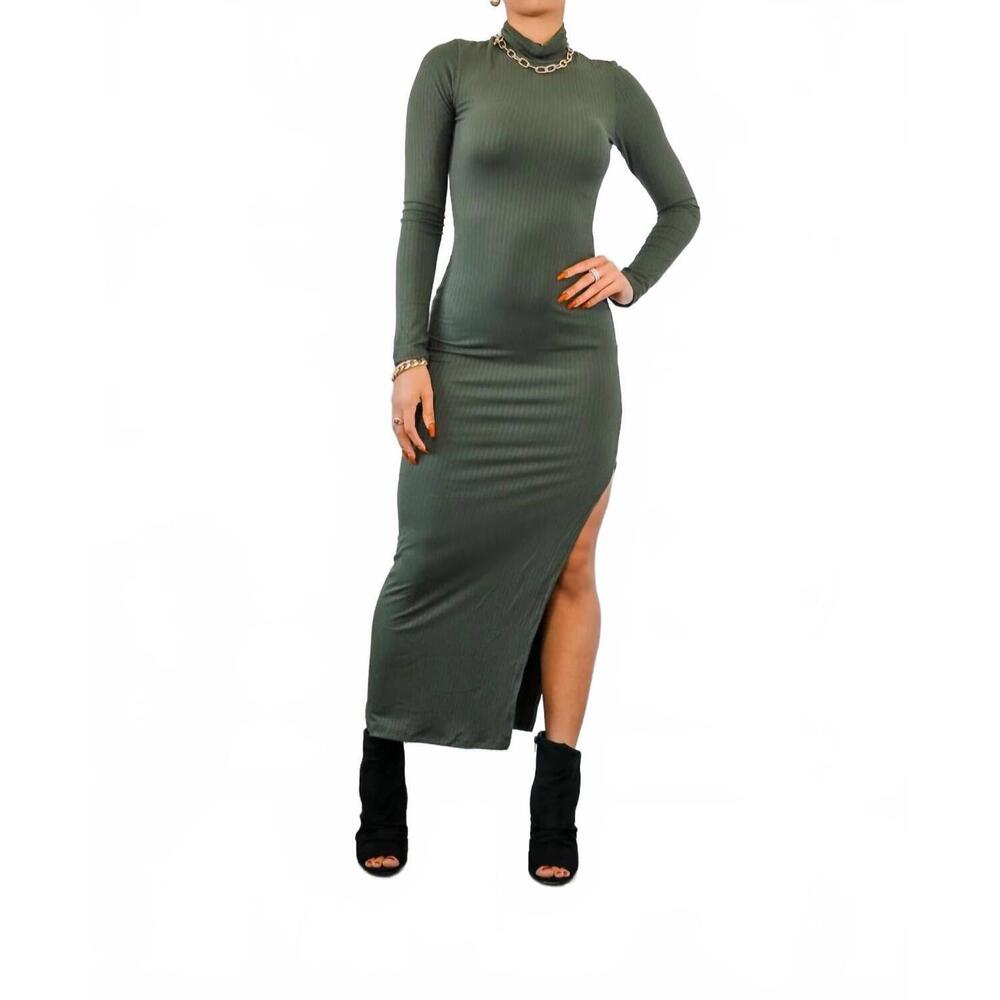 NEW SURELYMINE turtle neck maxi rib dress with side slit in olive